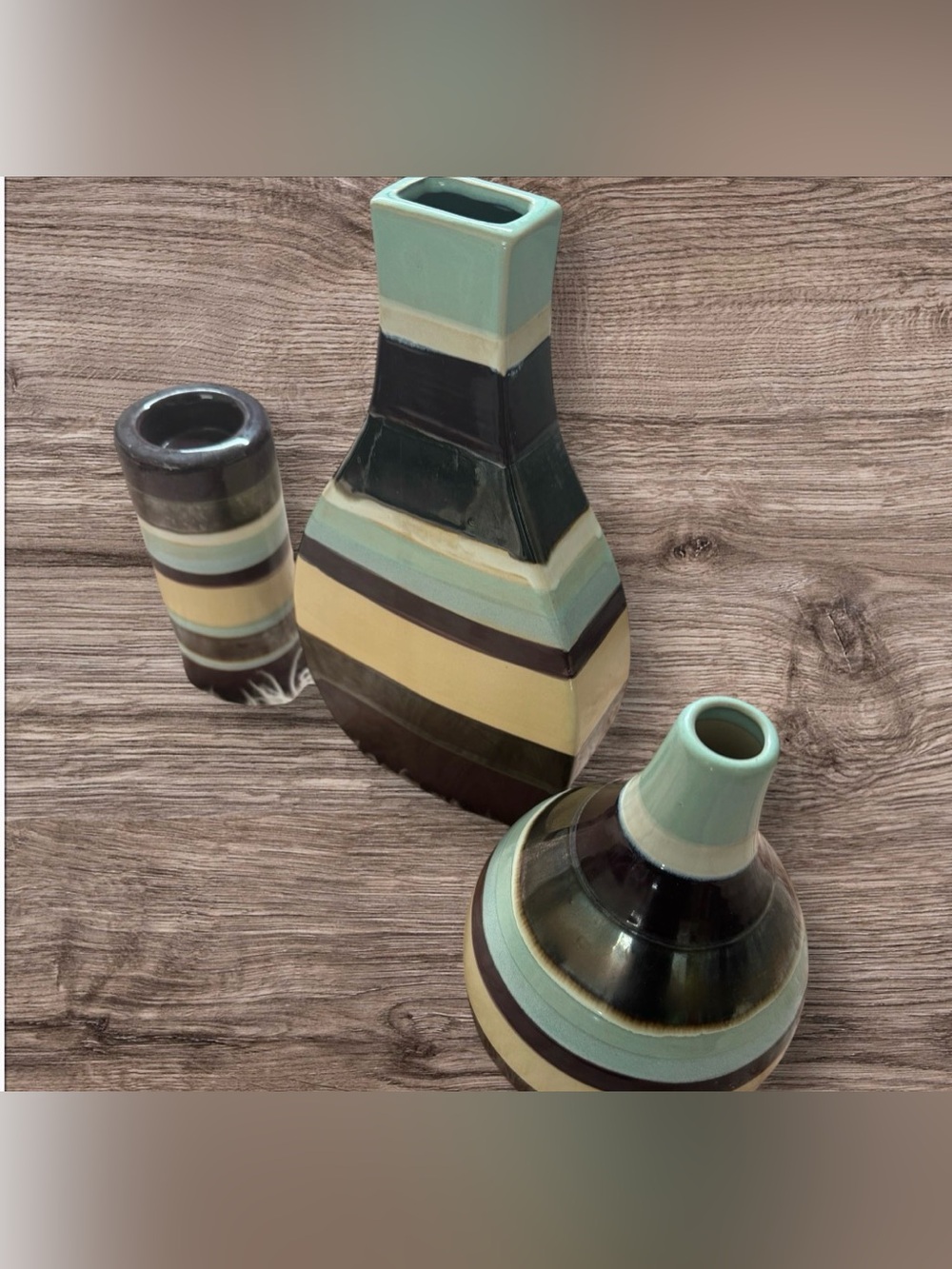 Striped Ceramic Vase Set in light Blue, Cream & Chocolate home decor.